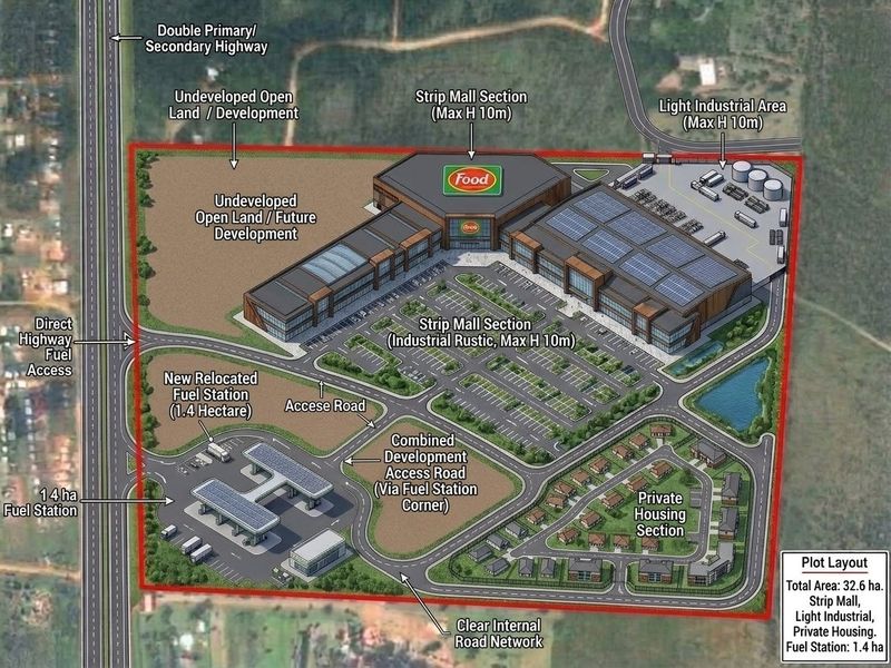 An aerial site plan rendering illustrating the proposed commercial development, including a strip mall, fuel station, light industrial area, and private housing section.