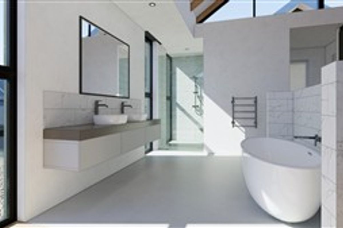 Modern, high-end bathroom featuring a double vanity, freestanding bathtub, and a spacious walk-in shower with contemporary fixtures and clean, minimalist finishes.