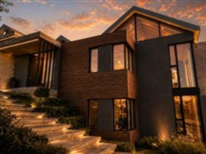 A stunning modern architectural home featuring stone cladding, expansive glass windows, and an illuminated stone staircase at dusk.