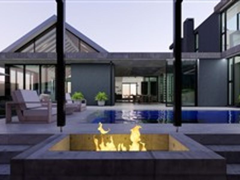 Modern luxury outdoor living area featuring a swimming pool, sunken fire pit, and seamless indoor-outdoor flow through large sliding glass doors.