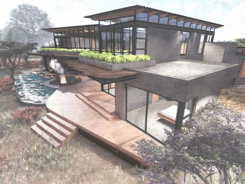 Architectural rendering of a modern luxury residence featuring a multi-level deck, swimming pool, and integrated outdoor fire pit area.