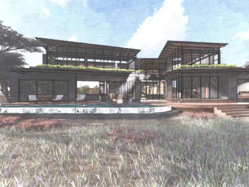 Architectural rendering of a modern luxury residence featuring expansive glass walls, a swimming pool, and integrated outdoor living spaces.