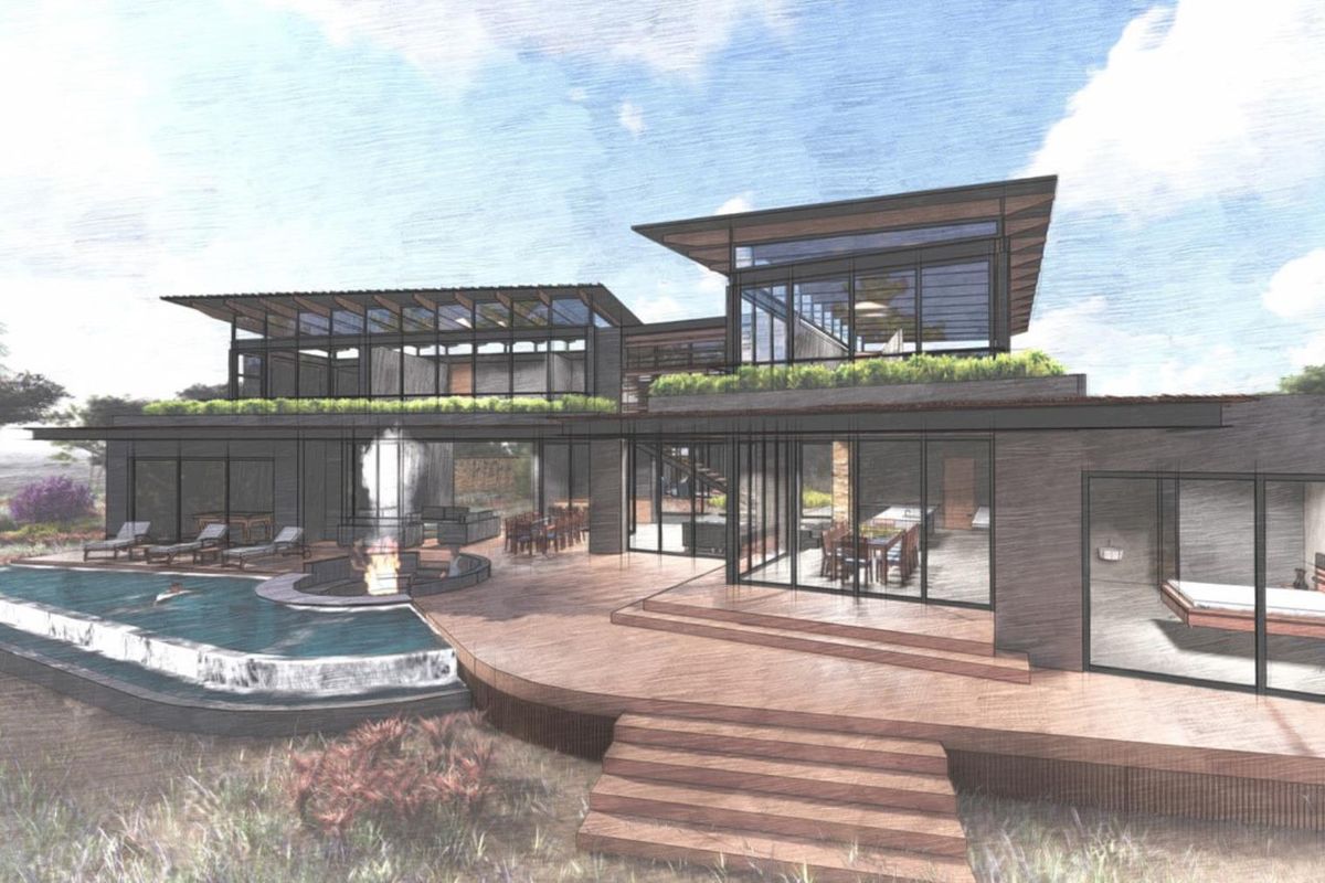 Architectural rendering of a modern luxury residence featuring expansive glass walls, a tiered wooden deck, and a private swimming pool with integrated fire pit.
