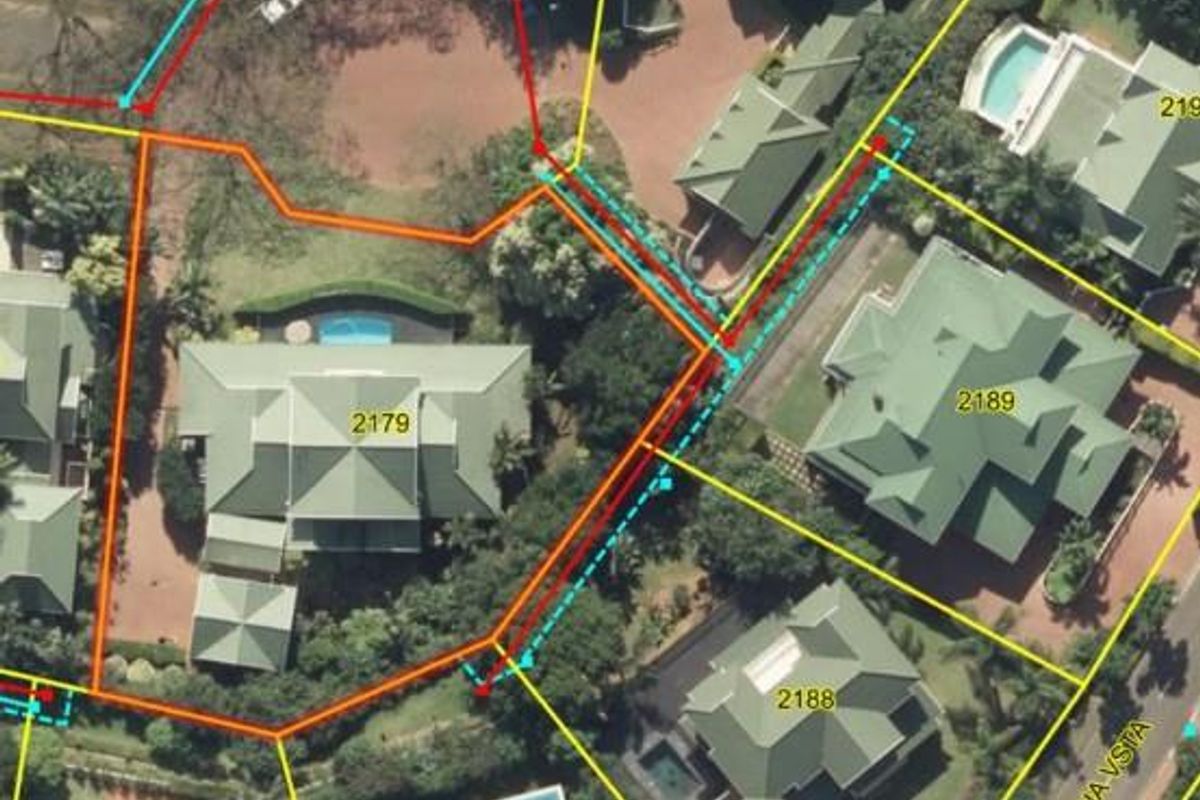 An aerial view of the property at 2179 Mount Edgecombe, highlighting the site layout, roof structures, and surrounding residential context.