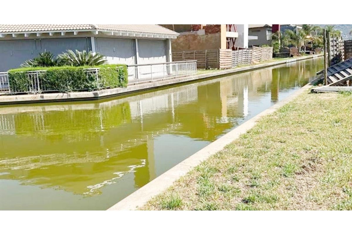 A view of a residential canal with concrete embankments and adjacent landscaped grass verges in a waterfront estate setting.