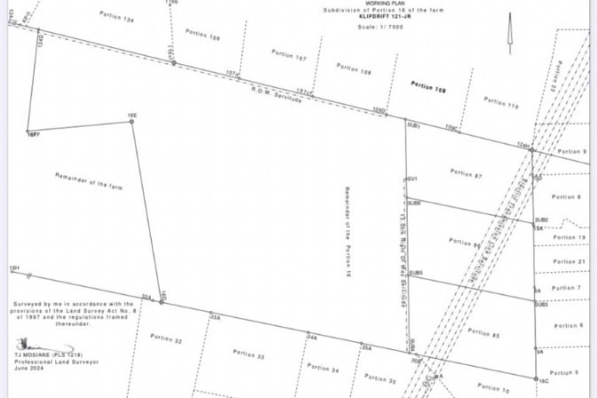 A digital survey working plan showing the subdivision of portions of the farm Klipdrift.