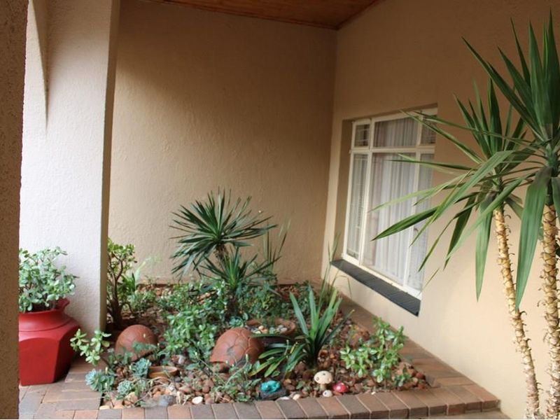 A covered patio area featuring a built-in brick planter box and timber ceiling, providing a sheltered outdoor space.