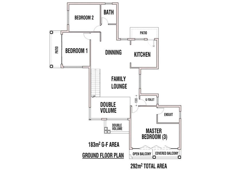A detailed ground floor architectural plan showing the layout of bedrooms, living areas, kitchen, and balcony spaces for the residential property.