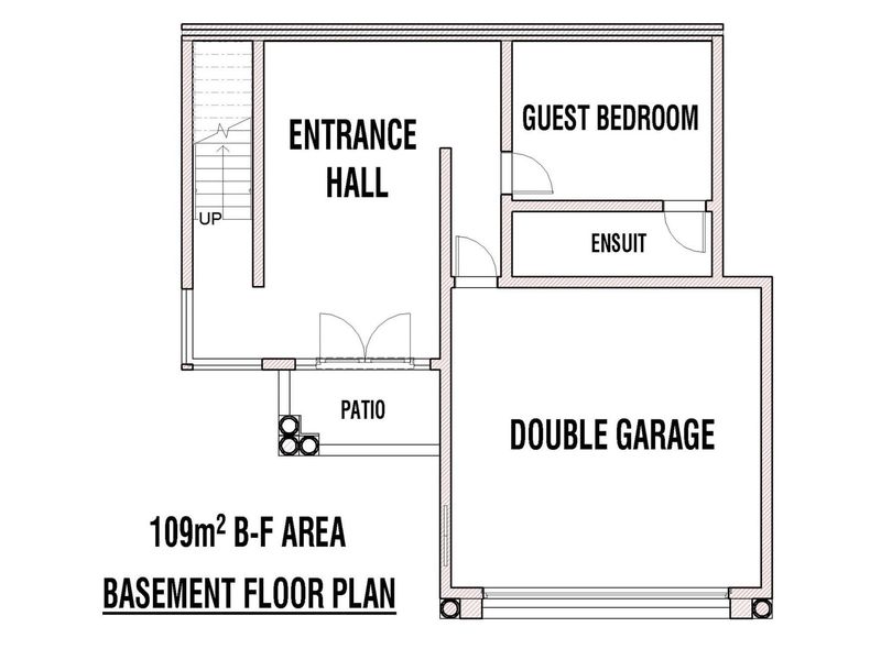 A detailed basement floor plan showing the layout of the entrance hall, guest bedroom with ensuite, patio, and double garage.