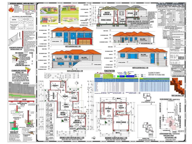 Comprehensive architectural floor plans and elevation drawings for a proposed residential property, detailing layout, structural specifications, and site orientation.
