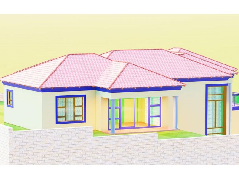 A 3D architectural rendering of a residential property featuring a tiled roof, modern facade, and perimeter walling.