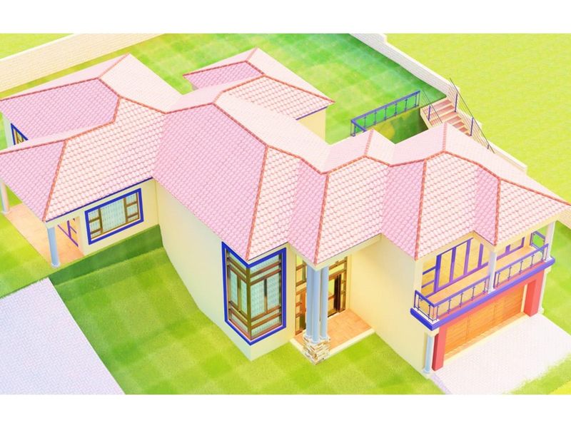 An aerial view of a residential property featuring a tiled roof, balcony, and integrated garage, presented as a 3D architectural rendering.
