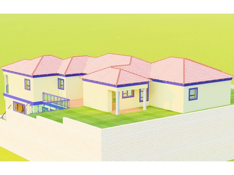 A 3D architectural render showing the exterior design and layout of a proposed residential property.