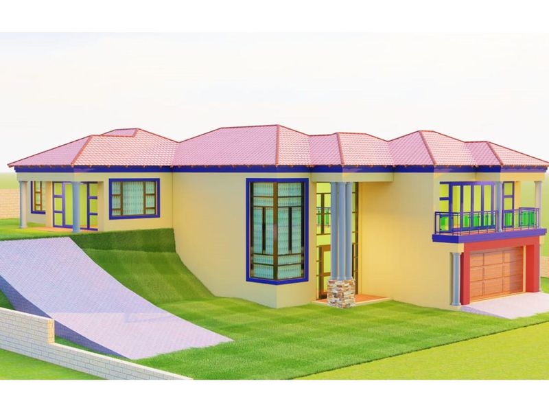 A 3D architectural render of a residential property featuring a tiled roof, integrated garage, and balcony, showcasing the proposed exterior design and layout.