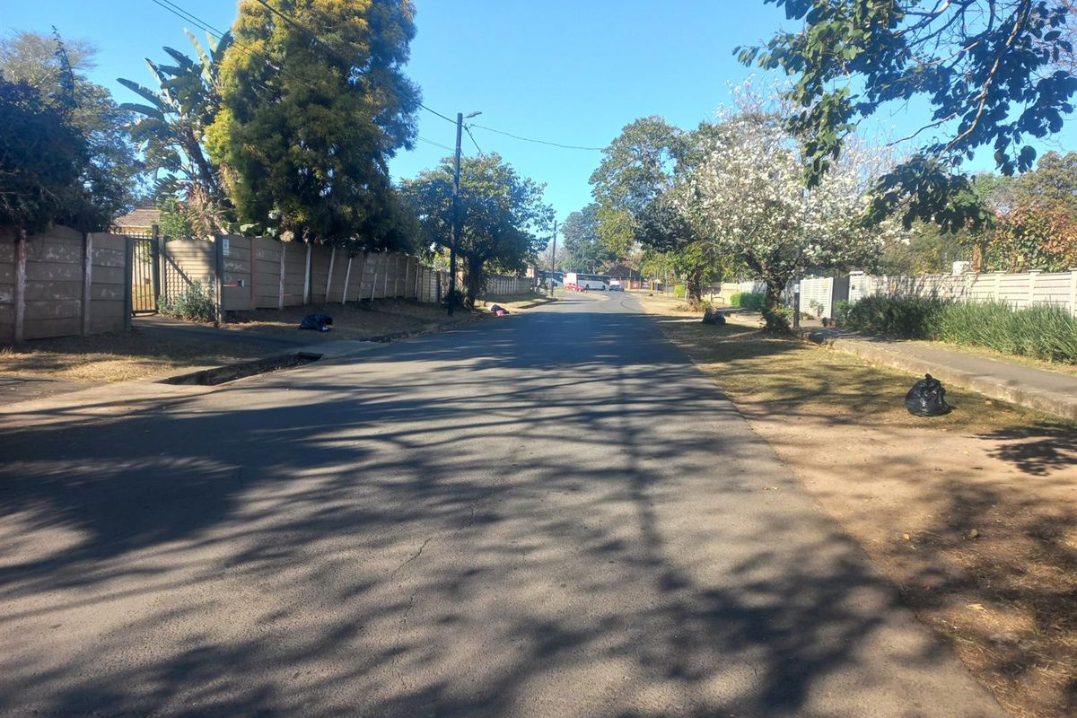 A view of the residential street showing the asphalt road, surrounding trees, and concrete boundary walls.