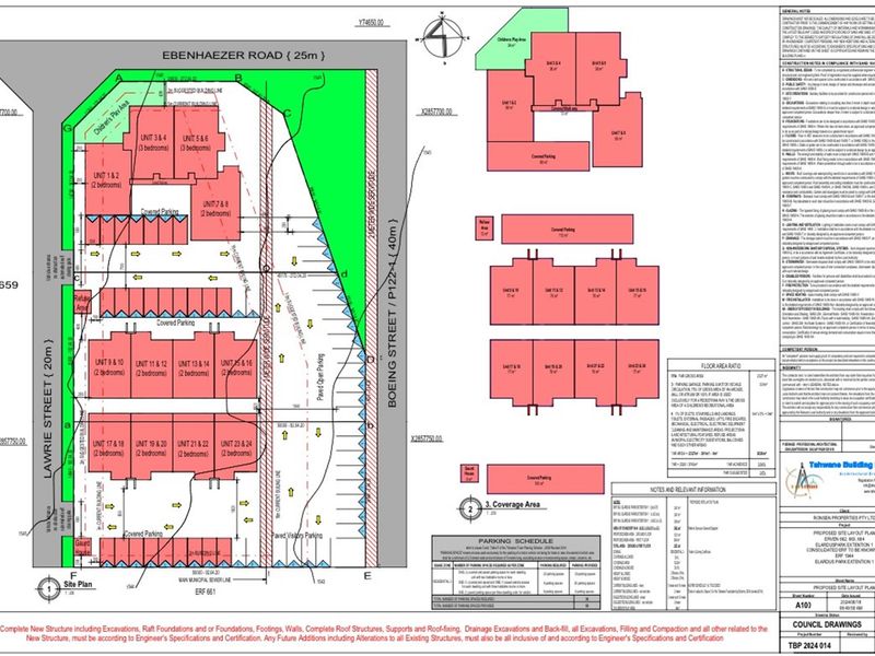 A detailed site layout plan for a residential development featuring multiple units, covered parking areas, and a children's play area.
