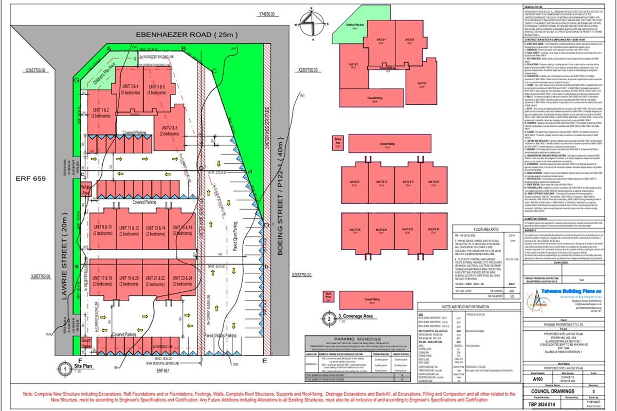 A detailed site layout plan for a residential development featuring multiple units, covered parking areas, and a children's play area.