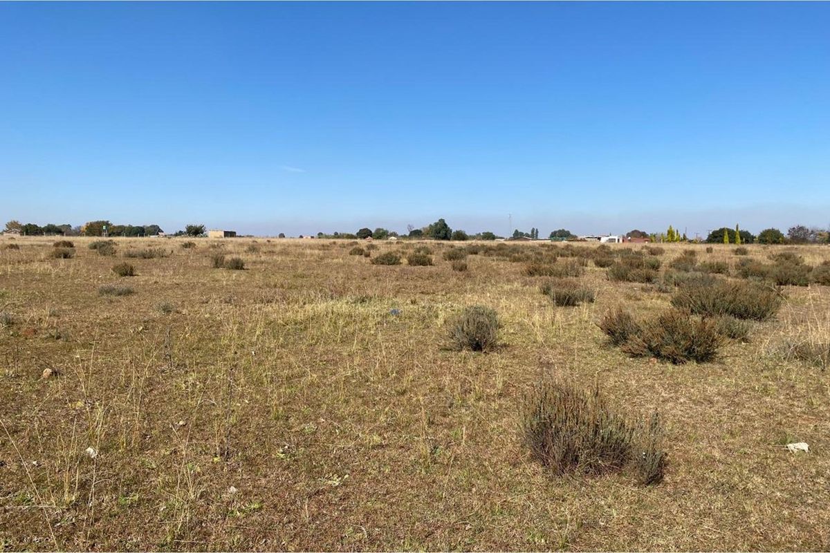 A wide-angle view of a vacant residential plot featuring natural dry grass and low-lying shrubs under a clear blue sky.