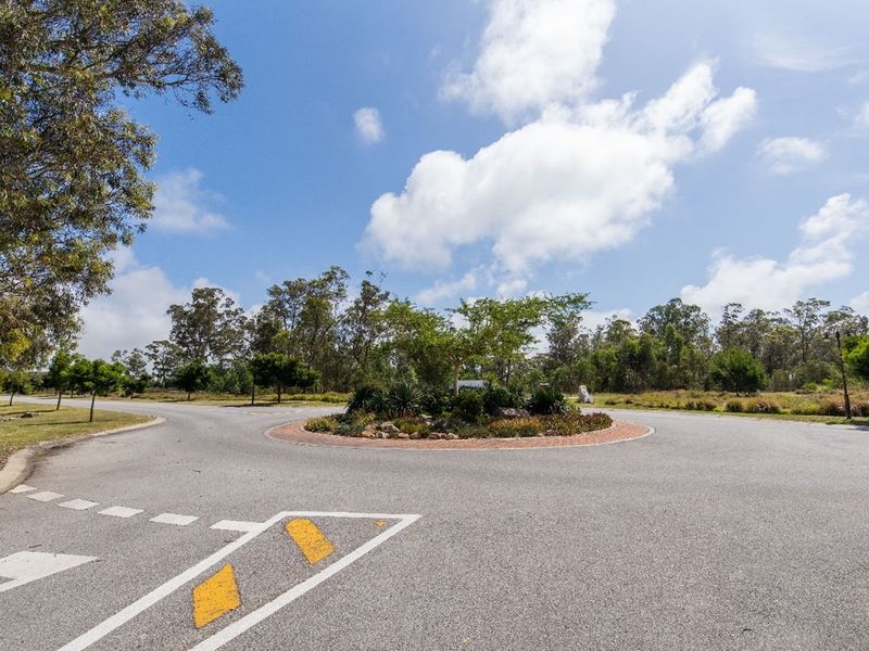 A view of a paved residential street roundabout featuring a landscaped central island and clear road markings.