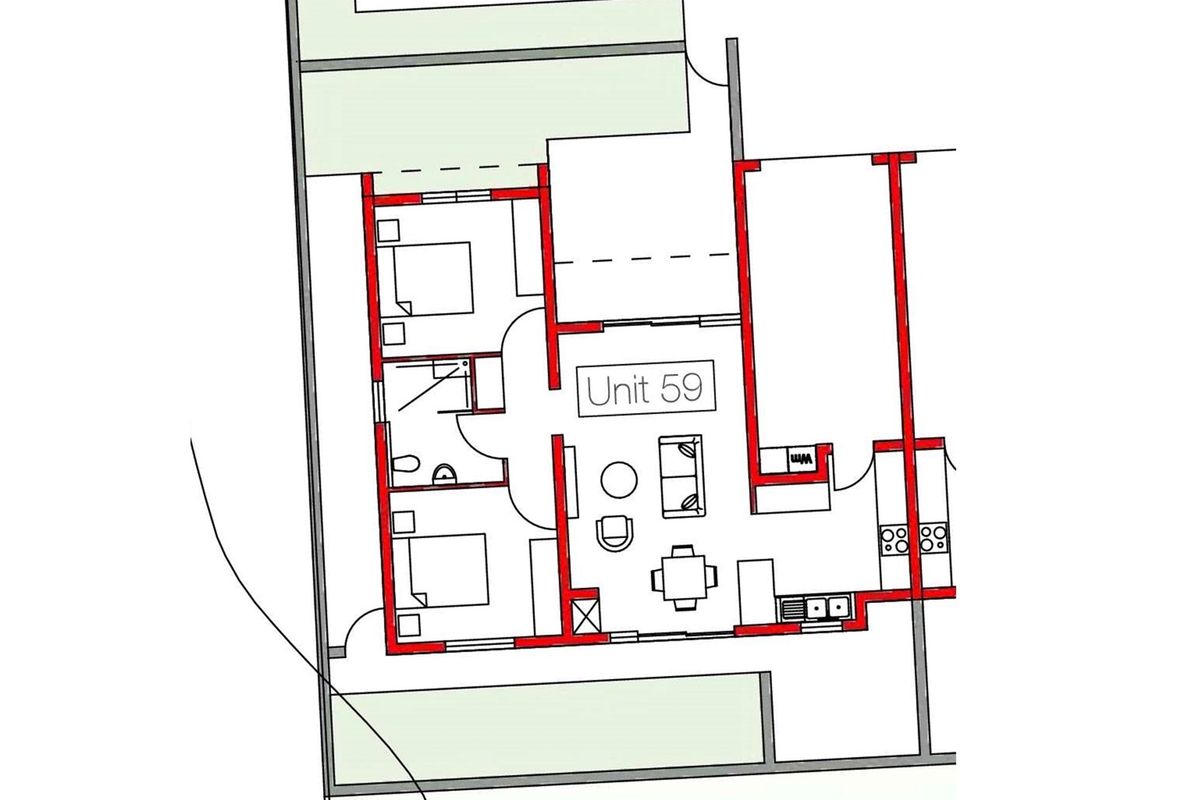 A detailed architectural floor plan for Unit 59, showcasing the layout of the living areas, kitchen, bedrooms, and bathrooms.