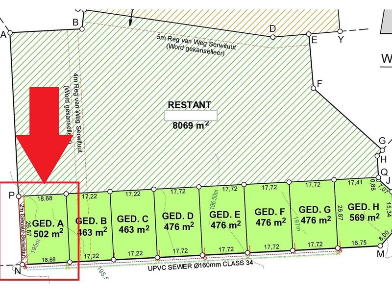 A detailed subdivision survey plan showing the layout of multiple residential plots and existing sewer infrastructure.