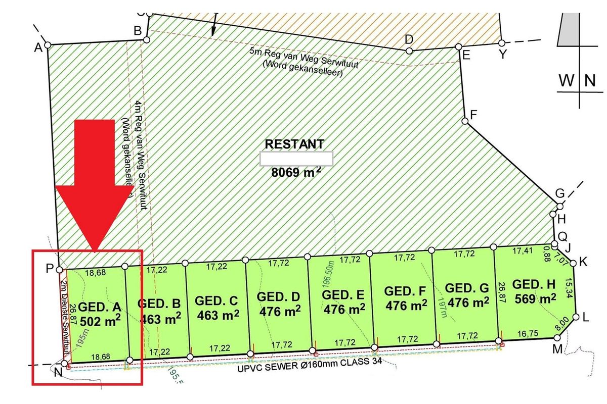 A detailed subdivision survey plan showing the layout of multiple residential plots and existing sewer infrastructure.