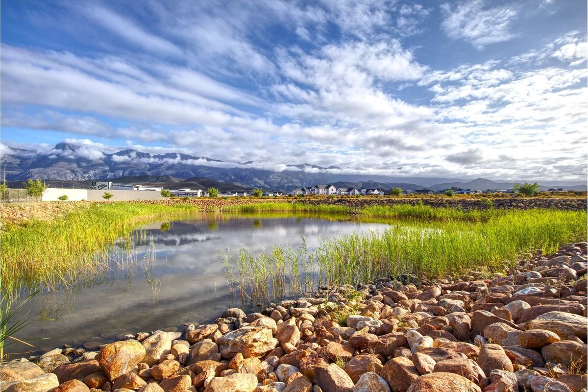 A scenic view of a natural pond with rock landscaping and reeds, set against a backdrop of mountains and a clear sky.