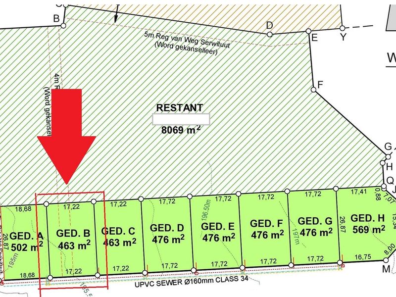 A detailed subdivision survey plan showing the layout and dimensions of multiple residential plots within the property.