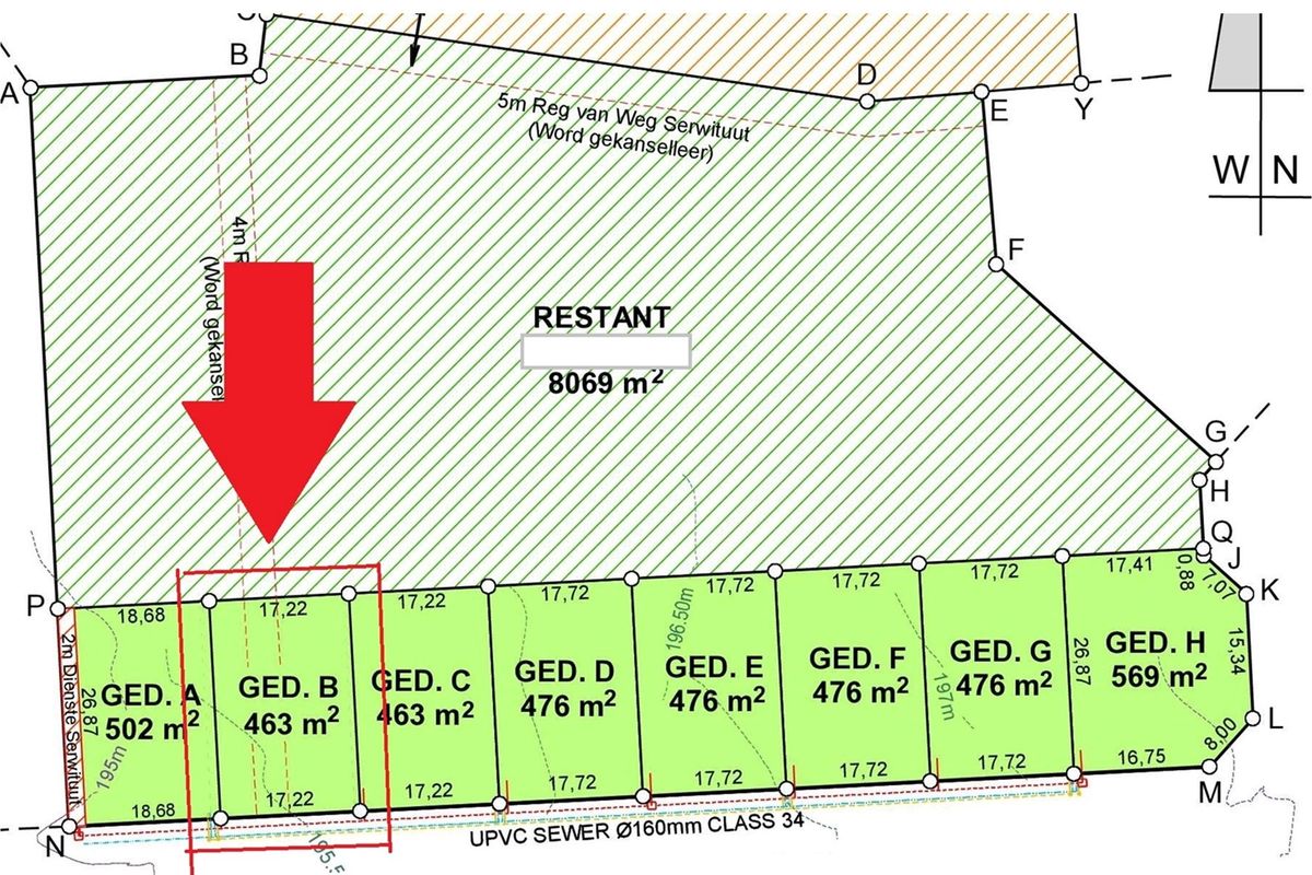 A detailed subdivision survey plan showing the layout and dimensions of multiple residential plots within the property.