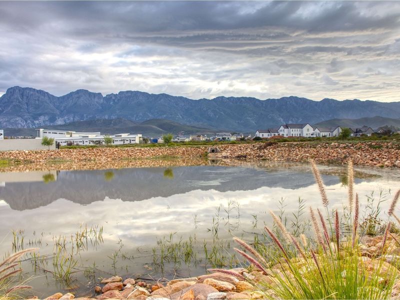 Scenic view of a landscaped retention pond with mountain backdrop, showcasing the natural surroundings and estate infrastructure.