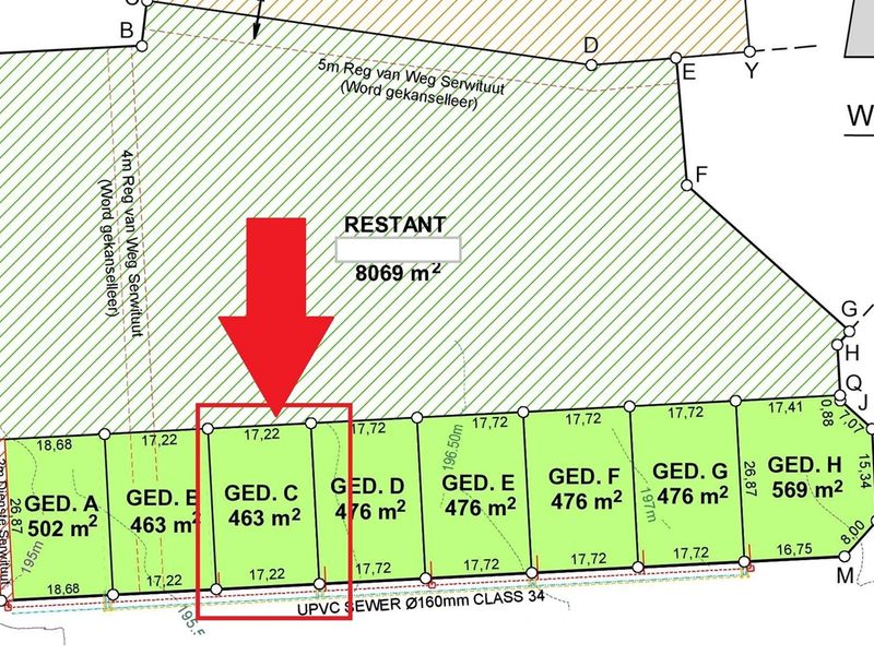 A detailed subdivision site plan highlighting a specific residential plot of 463 square meters within a larger land development.