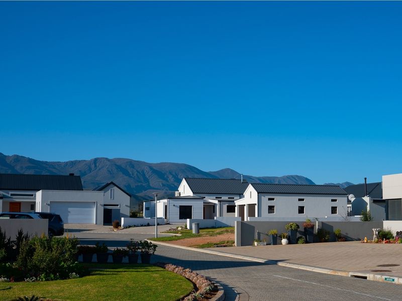 A street-level view of a modern residential estate featuring contemporary homes with metal roofs, paved driveways, and scenic mountain views in the background.