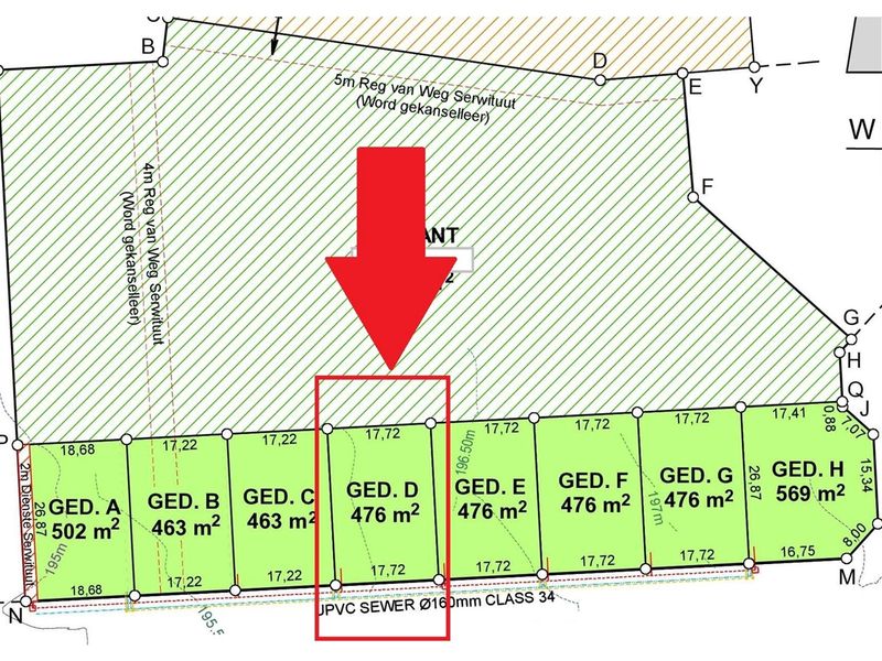 A detailed cadastral survey plan showing the subdivision layout and dimensions for residential plots, including designated sewer infrastructure.
