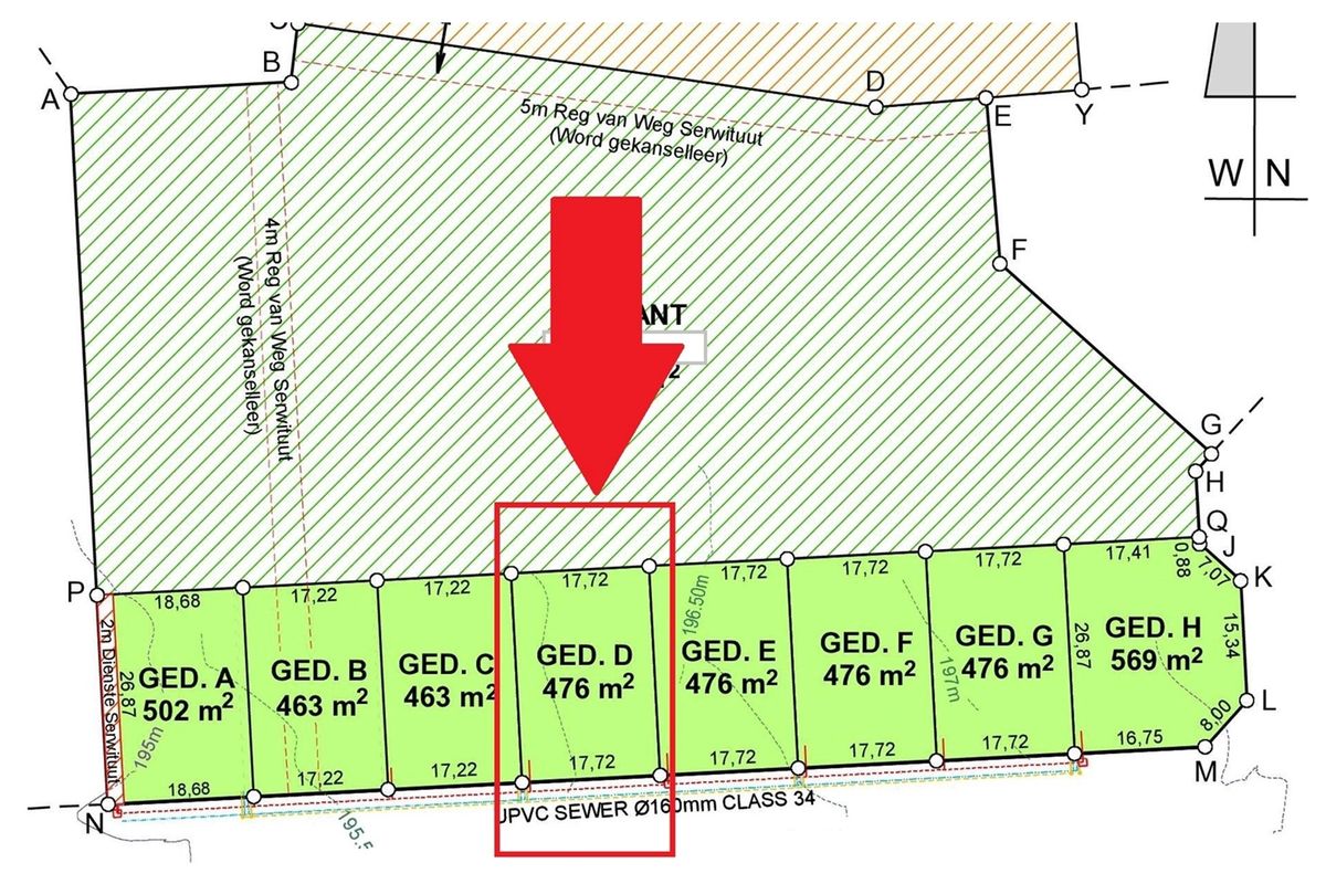 A detailed cadastral survey plan showing the subdivision layout and dimensions for residential plots, including designated sewer infrastructure.
