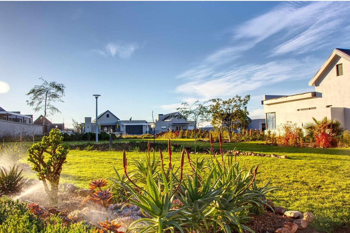 A well-maintained residential garden featuring lush green lawn, established succulent plantings, and an active irrigation system within a modern estate setting.