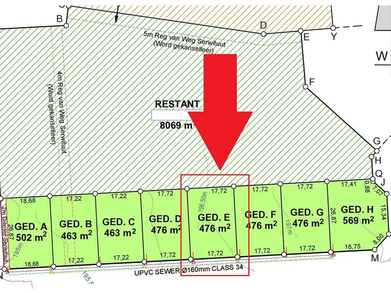 A detailed cadastral survey map showing the subdivision layout of the residential land, including specific plot measurements and sewer infrastructure details.