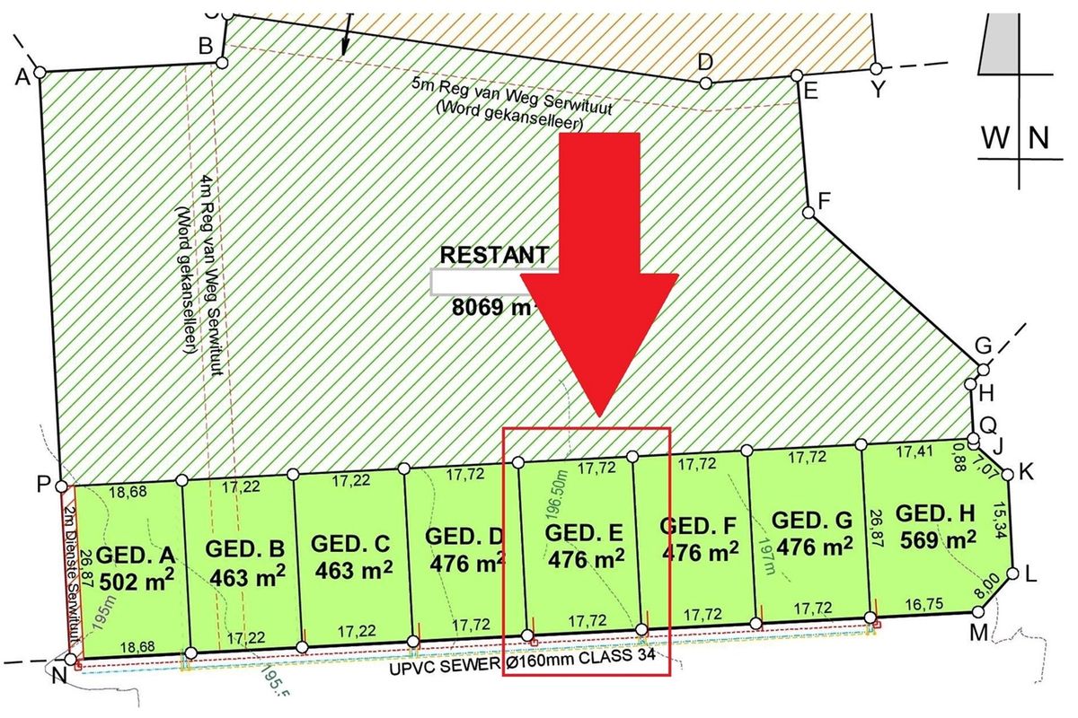 A detailed cadastral survey map showing the subdivision layout of the residential land, including specific plot measurements and sewer infrastructure details.