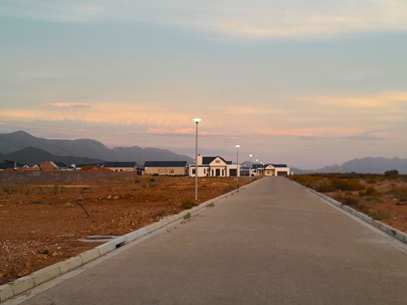 A view of a paved residential street within a developing estate, featuring installed street lighting and surrounding vacant land with mountain views.