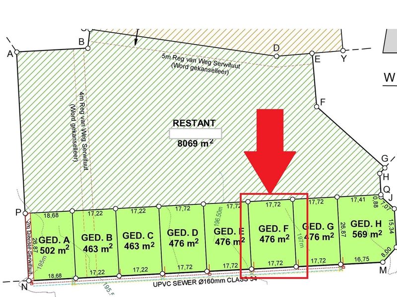 A detailed subdivision survey plan highlighting a specific 476 square meter residential plot within a larger land parcel.