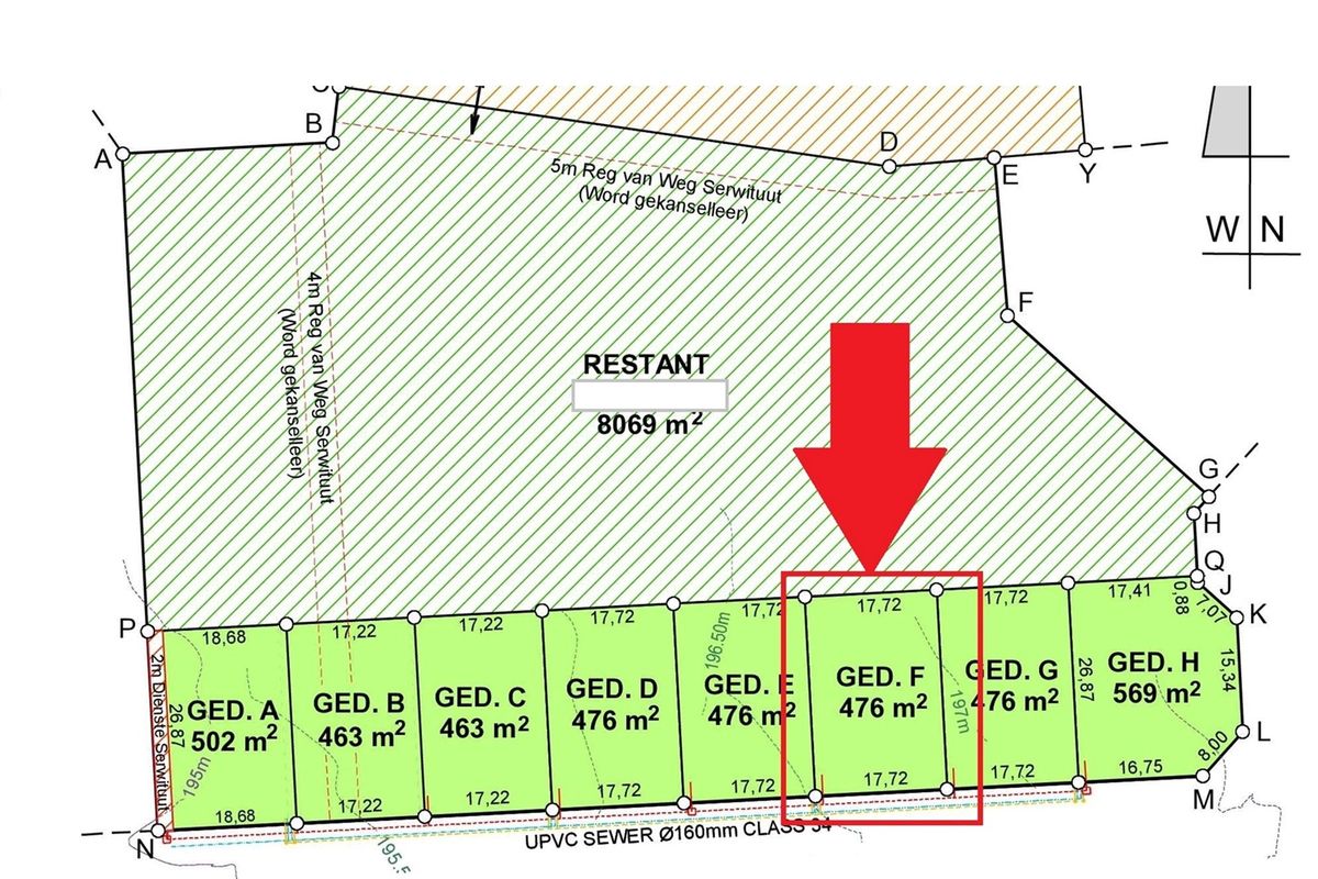 A detailed subdivision survey plan highlighting a specific 476 square meter residential plot within a larger land parcel.