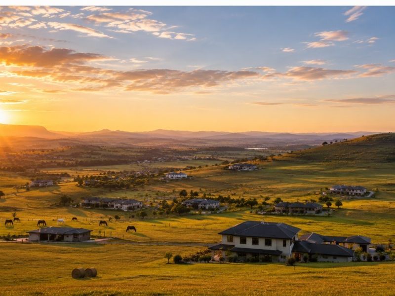 An expansive aerial view of a rural estate landscape featuring multiple residential properties set within rolling hills at sunset.