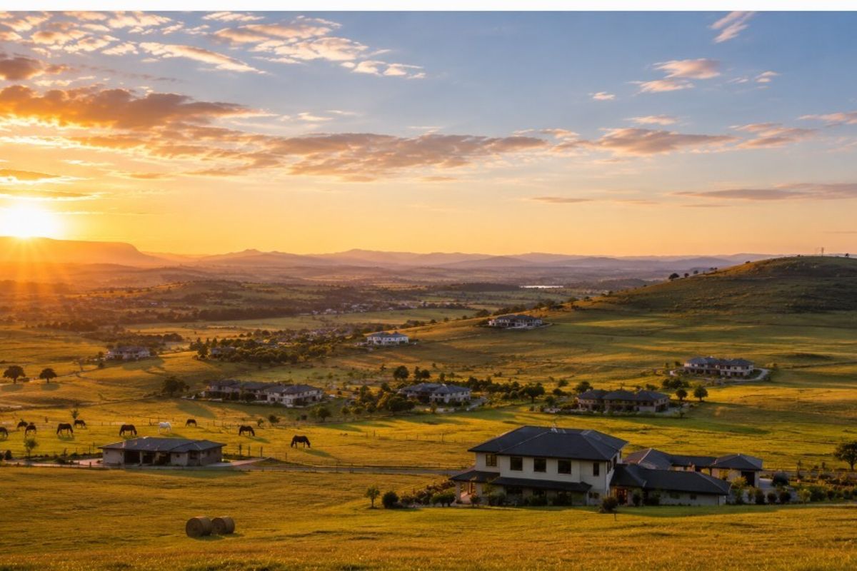 An expansive aerial view of a rural estate landscape featuring multiple residential properties set within rolling hills at sunset.