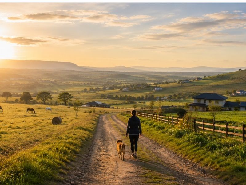 A scenic rural landscape view featuring rolling hills, open pastures, and a dirt access road at sunset.