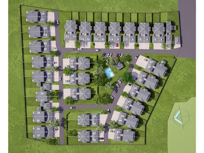 An aerial site plan showing the layout of the townhouse complex, including individual units, driveways, communal pool area, and landscaped grounds.