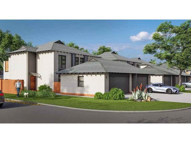 A perspective view of a modern townhouse complex featuring tiled roofs, integrated garages, and landscaped front gardens.