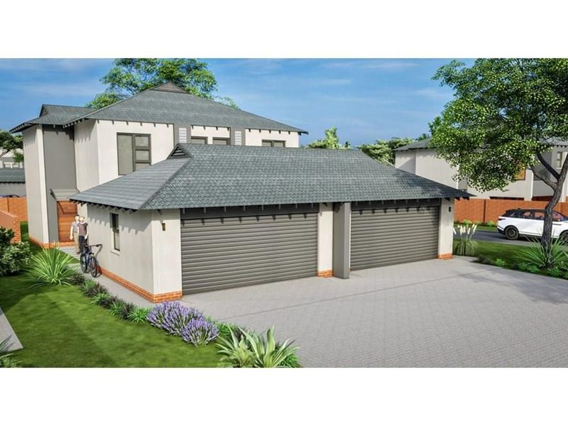 A modern townhouse exterior featuring a double garage, tiled roof, and a paved driveway within a landscaped residential setting.
