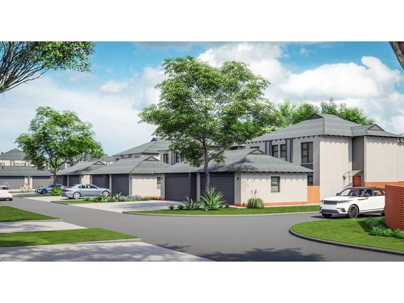 A digital rendering of a modern townhouse complex featuring paved driveways, integrated garages, and landscaped surroundings.