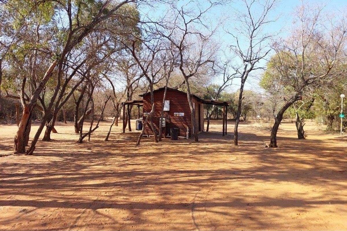 A rustic wooden cabin situated in a natural, wooded farm setting with sandy ground and mature trees surrounding the structure.