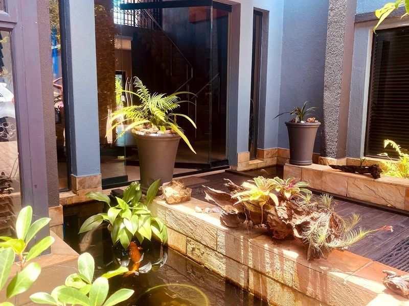 A modern outdoor patio area featuring a built-in stone water feature, decking, and glass access doors leading into the home.