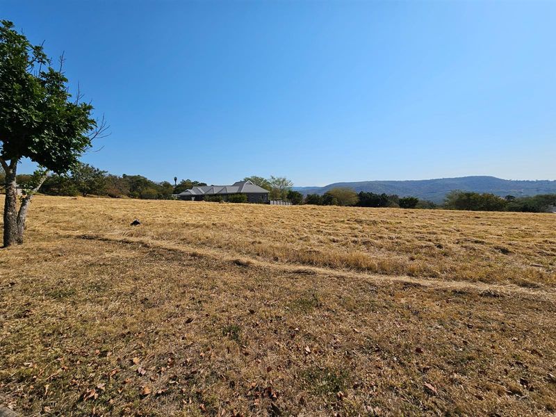A wide-angle view of a vacant residential plot featuring dry grass, mature trees, and distant mountain views under a clear blue sky.